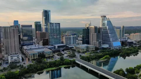 Austin Skyline Panoramic View featuring Block 185 and Lady Bird Lake Video stock 347019123
