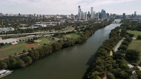Austin Texas Aerial River Approach Toward Downtown Skyline Stock Footage 238640841