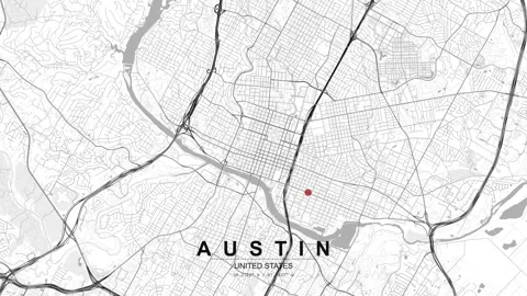 Austin Texas city map with red location pin and river Stock Footage 333449874
