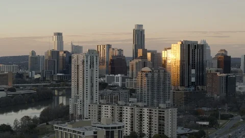 Austin Texas Skyline, Aerial Drone, Winter Sunset, River, 4K Stock Footage