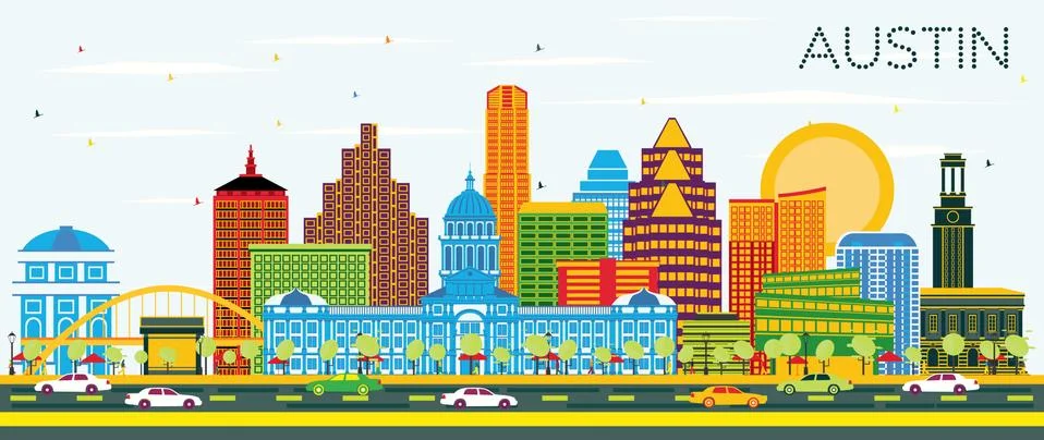 Austin Texas Skyline with Color Buildings and Blue Sky. Stock Illustration