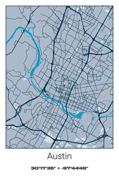 Austin, Texas - vector map of city in Blue, Gray, Yellow, Olive colors Stock Illustration