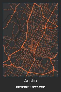 Austin, Texas - vector map of city in Gray, Black, Orange colors Stock Illustration