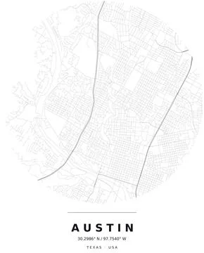 Austin TX Minimalist Street Map Circle Poster, Black and White Stock Illustration