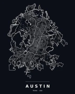 Austin TX Street Map Road Network Highways Dark Mode Editable Vector Stock Illustration