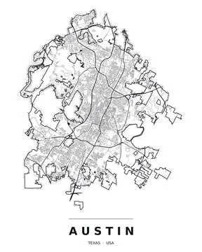 Austin TX Street Map Road Network Highways Black White Editable Vector Stock Illustration