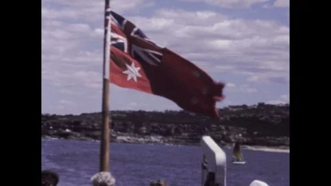 Australia 1980s, Ship view with flag and people in river in Sydney Stock Footage 278146638