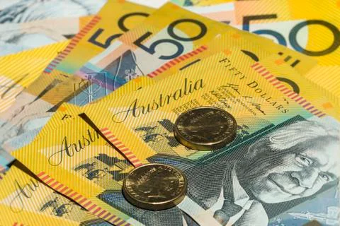 Australia $50 notes close up $2 coins. Stock Photos