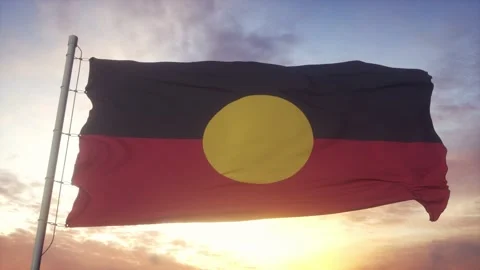 Australia Aboriginal flag waving in the wind, sky and sun background Stock Footage 159242853