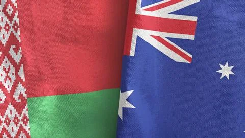 Australia and Belarus two flags textile cloth 3D rendering Stock Illustration