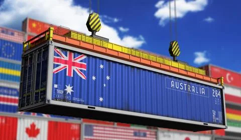 Australia - cargo container lifted by crane in terminal - international tra.. イラスト素材