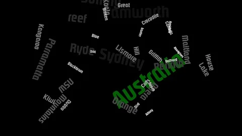 Australia Continent Word Cloud Animation Green Letter Black Background Stock Footage 89034463