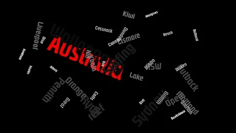 Australia Continent Word Cloud Animation Red Letter Black Background Stock Footage 89034482