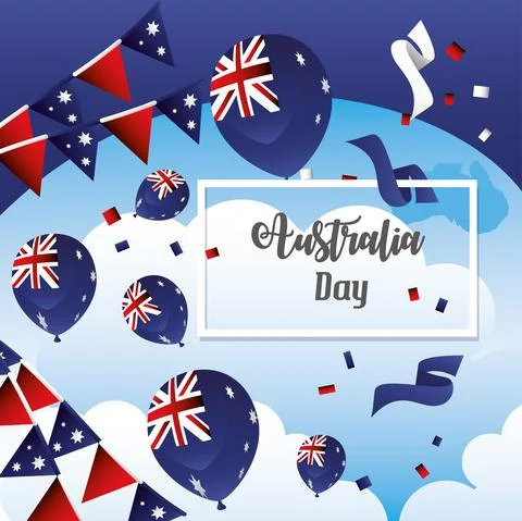 Australia day, map flags in balloons pennants celebration festive card Stock Illustration