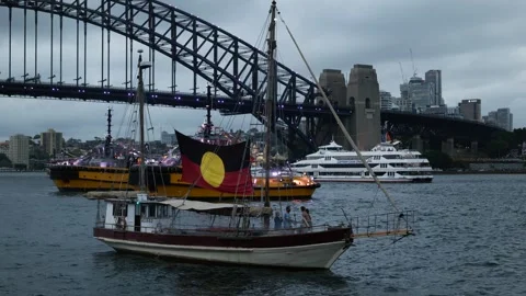 Australia Day vessels including one with Aboriginal flag 6K Stock Footage 330445130