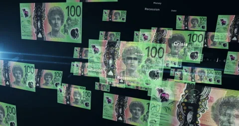 Australia Dollar 100 banknote – flying between transparent money Stock Footage 226359254