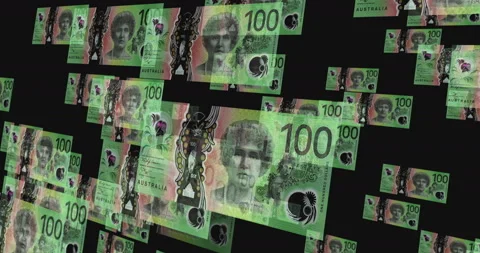 Australia Dollar 100 banknote – flying between transparent money Stock Footage 226361395
