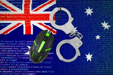Australia flag  and handcuffed computer mouse. Combating computer crime, hack Stock Photos