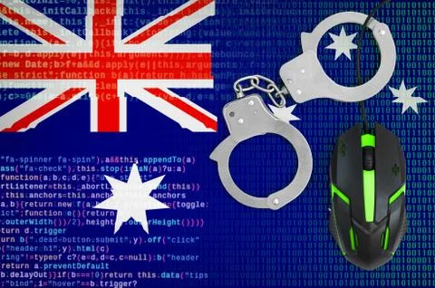 Australia flag  and handcuffed computer mouse. Combating computer crime, hack Stock Photos