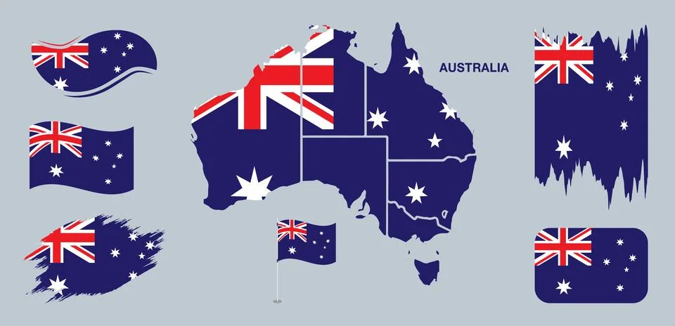 Australia Flag and Map Set with Waving and Brush Stroke Elements Stock Illustration