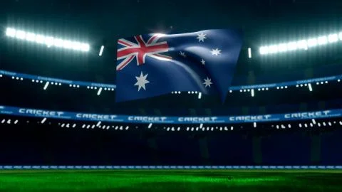 Australia flag animate in empty cricket stadium Stock Illustration