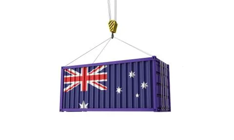 Australia flag cargo trade container hanging from a crane. 3D Render Illustrazione stock