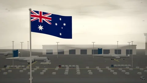 Australia Flag Flying Over Air Cargo Apron Freighters seamless loop Stock Footage 344846142
