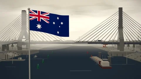 Australia Flag Flying Over Cable Stayed Bridge River seamless loop Stock Footage 345373623