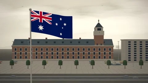 Australia Flag Flying Over City Hall Clock Tower seamless loop Stock Footage 344787232