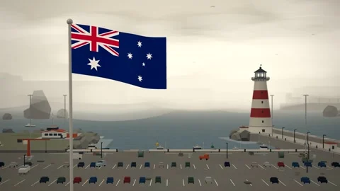 Australia Flag Flying Over Coastal Harbor Lighthouse Waterfront seamless loop Stock Footage 345377074