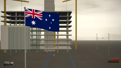 Australia Flag Flying Over Construction Site Tower Cranes seamless loop 動画素材 344702964