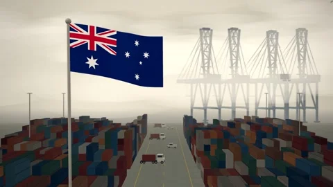 Australia Flag Flying Over A Container Port Terminal In Morning Haze Stock Footage 344475106