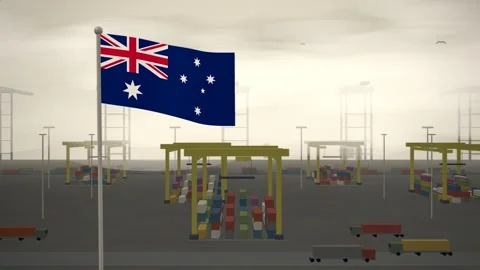 Australia Flag Flying Over Container Terminal Stacking Yard seamless loop 動画素材 344781858