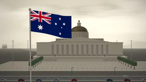 Australia Flag Flying Over Courthouse Colonnade And Dome seamless loop Stock Footage 344782013