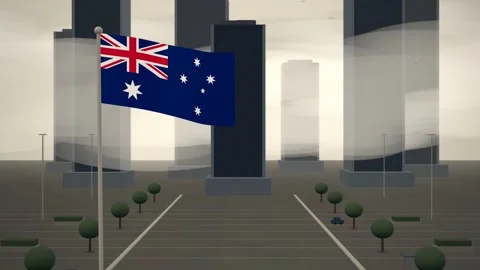 Australia Flag Flying Over Downtown City Skyline Towers seamless loop Video stock 344703035