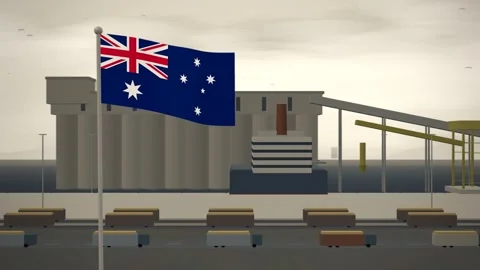 Australia Flag Flying Over Grain Export Terminal Silos seamless loop Stock Footage 345138840