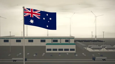 Australia Flag Flying Over Green Hydrogen Electrolyser Plant seamless loop Stock Footage 345309020