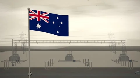 Australia Flag Flying Over High Voltage Electrical Substation seamless loop Stock Footage 344786323