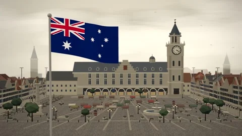 Australia Flag Flying Over Historic Old Town Square seamless loop Stock Footage 345312582