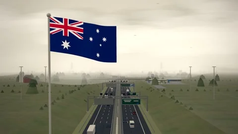 Australia Flag Flying Over Interstate Highway Rural Traffic seamless loop Vídeos de archivo 344702963