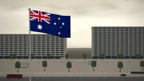 Australia Flag Flying Over Metro Station Entrance Square seamless loop Stock Footage 345378128