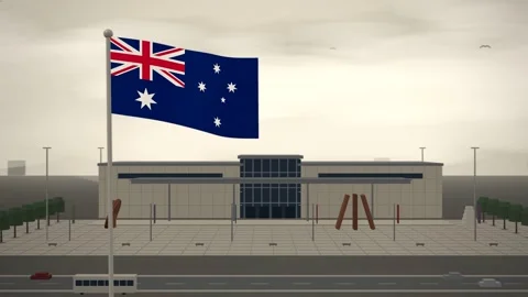 Australia Flag Flying Over Modern Museum Sculpture Court seamless loop Stock Footage 344952905
