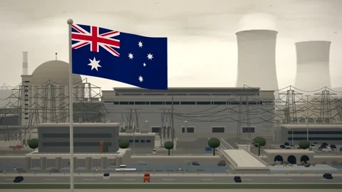 Australia Flag Flying Over Nuclear Power Station Domes seamless loop Stock Footage 344966157