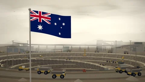 Australia Flag Flying Over Open Pit Mine Terraces seamless loop Stock Footage 345344503