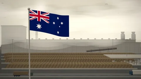 Australia Flag Flying Over Paper Mill Log Yard seamless loop Stock Footage 345379818