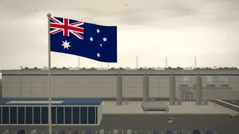 Australia Flag Flying Over Semiconductor Fabrication Plant Cleanroom seamless Stock Footage 344782123