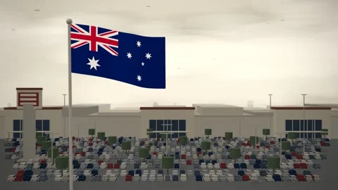 Australia Flag Flying Over Shopping Mall And Car Park seamless loop Stock Footage 345348286