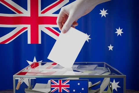 Australia flag, hand dropping ballot card into a box - voting concept Illustration