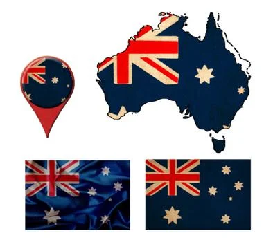 Australia flag, map and map pointers Illustrazione stock