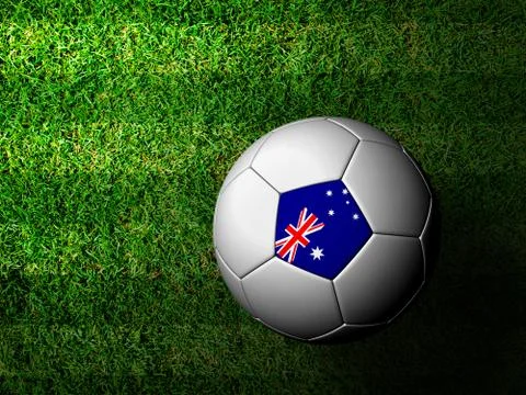 Australia flag pattern 3d rendering of a soccer ball in green grass Illustrazione stock